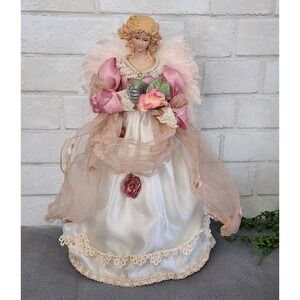 Angel Tree Topper Pink‎ Flowers Christmas Figure 17" Tabletop Feather Wings Lace